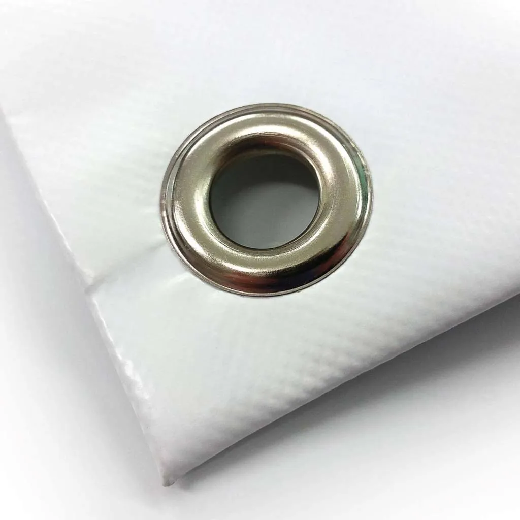 Close-up of a brass eyelet punched into the corner of a banner