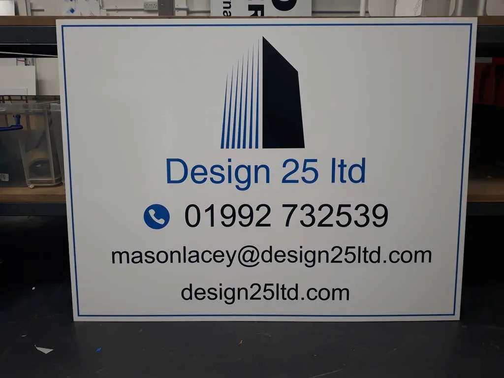 Printed construction site sign board carrying a builder's logo and contact details