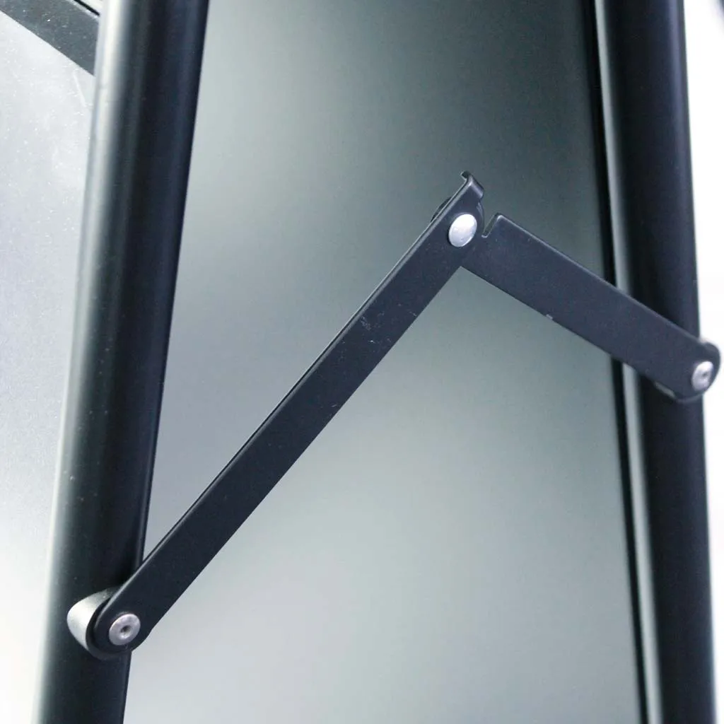 Close-up of the hinge and stay arm on a traditional A-board