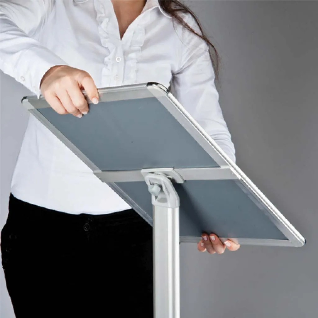 Snap frame on a freestanding display board opened to change the poster