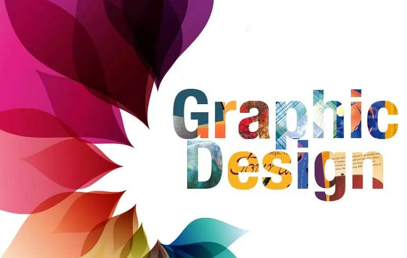 The words graphic design set in photographic lettering beside a fan of colourful petals