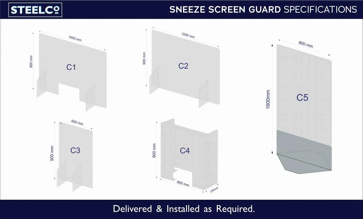 Sneeze screen guard specifications: five standard screens, C1 to C5, drawn with their widths and heights, delivered and installed as required