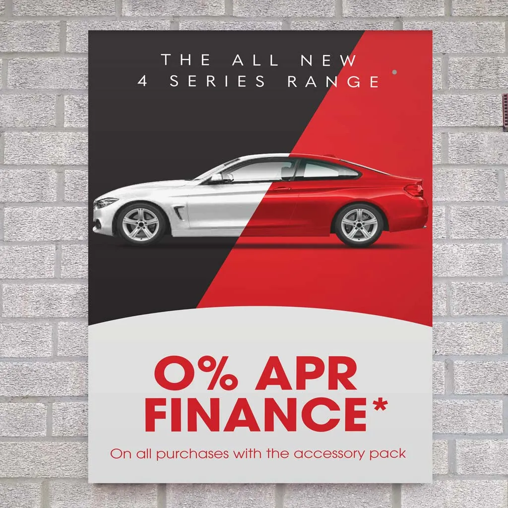 Aluminium composite panel sign advertising a car finance offer