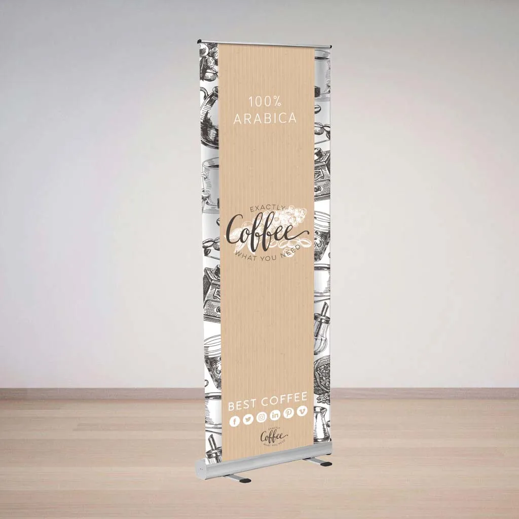 Roller banner advertising coffee, standing on a wooden floor
