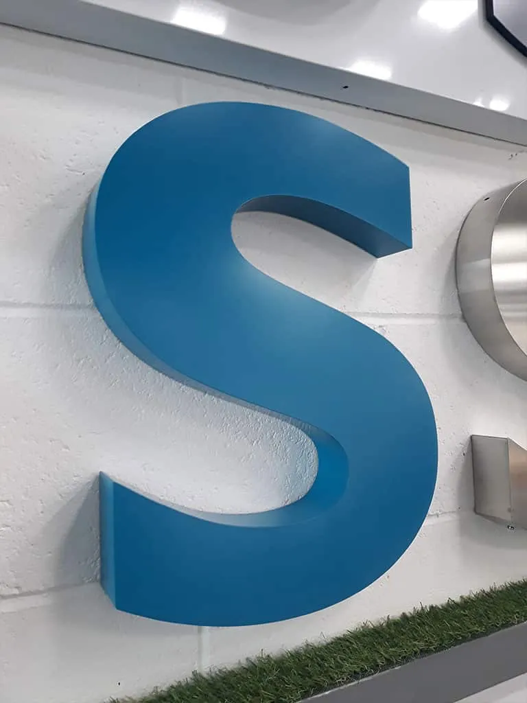 Letter S in blue powder-coated stainless steel