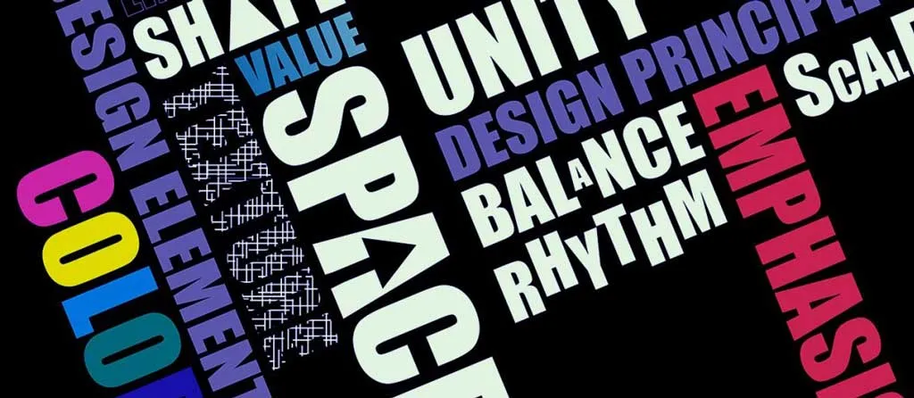 A collage of design principles including colour, shape, space, balance and rhythm